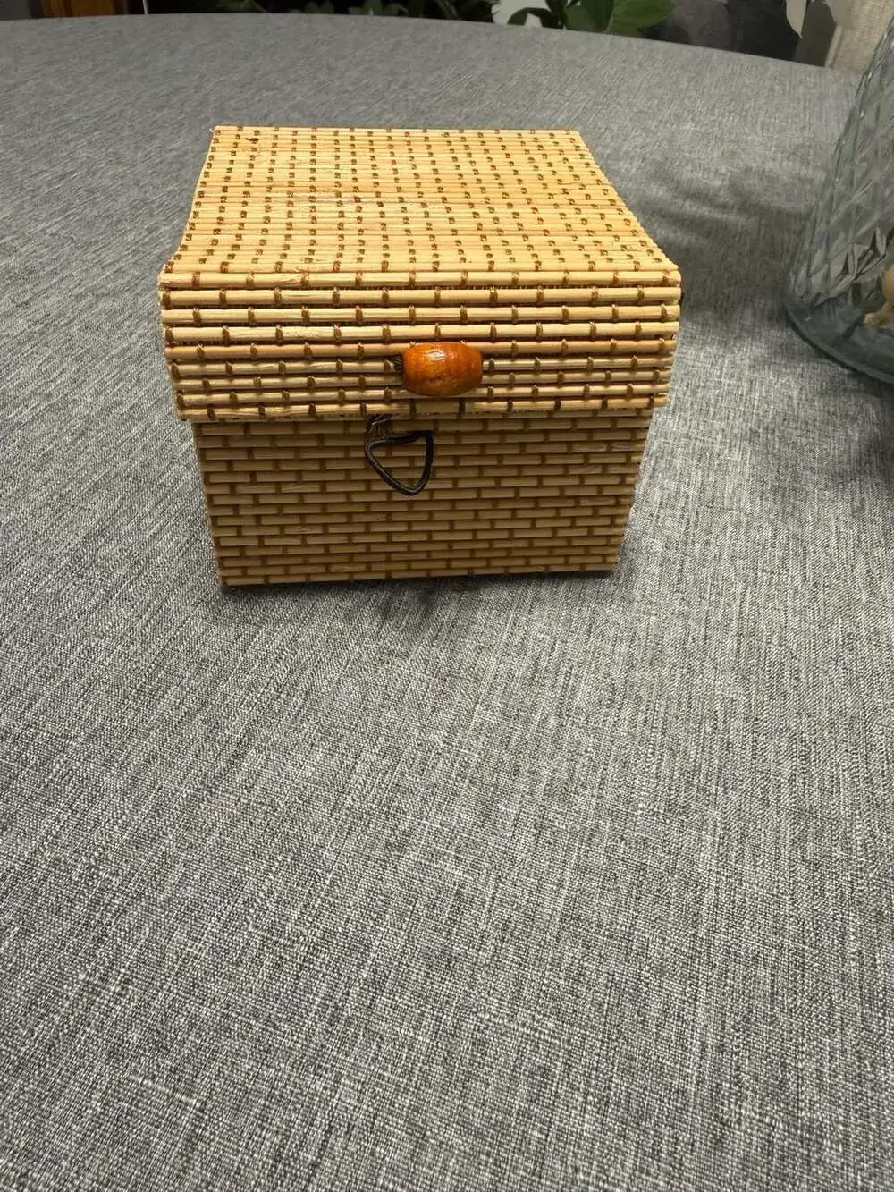Handcrafted Bamboo Wood and Woven Storage Box with Wooden Bead Button Clamshell